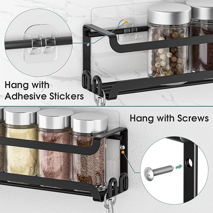 LUCYCAZ 4 Pack Wall Mounted Spice Rack with 16 Hooks, Spice Organizer Shelf for Stove Cabinet Pantry Door,Screw or Adhesive Spice Shelf Hanging Wall Spice Rack in Kitchen and RV (Black, 4 PACK) - Image 6