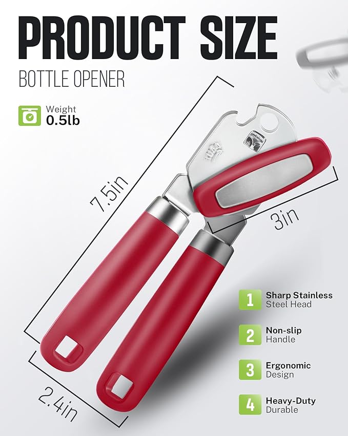 Multifunctional Can Opener Manual, Durable Heavy Duty Handheld Strong Can Opener with Smooth Cutting Edge, Friendly Kitchen Essentials Tool for Seniors, Camping and Bottle Opening-Red - Image 2