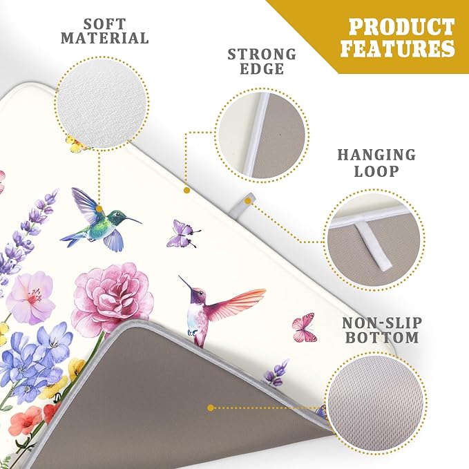 Giwawa Hummingbird Flower Dish Drying Mat 18x24 inch Watercolor Spring Herb Floral Dish Drainer Mats Wildflower Plant Reversible Microfiber Dish Drying Pad for Kitchen Countertop Large Decor