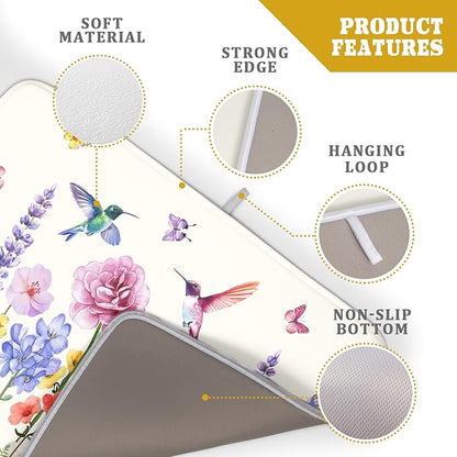 Giwawa Hummingbird Flower Dish Drying Mat 18x24 inch Watercolor Spring Herb Floral Dish Drainer Mats Wildflower Plant Reversible Microfiber Dish Drying Pad for Kitchen Countertop Large Decor