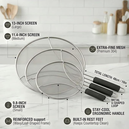 Splatter Screen for Frying Pan 3-Piece Set - Stainless Steel Grease Splatter Guard (13", 11.4", 9.8") - Oil Splash Guard & Fine Mesh Cover for Cooking Bacon - Image 2