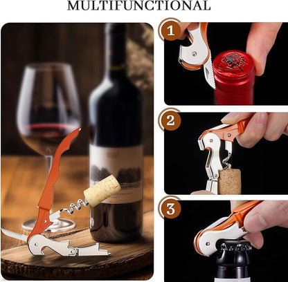 HYZ 2-Pack Wine Opener Waiter Corkscrew, Professional Wine Key for Servers, Bartender with Foil Cutter, Manual Wine Bottle Opener Double Hinged (Orange) - Image 5