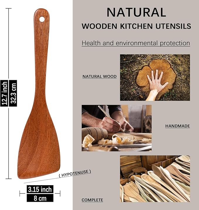 2PCS Wooden Spatulas for Cooking, 12.8inch Coated Sapele Wood Turners for Frying, Non-Scratch Bevel Spurtle for Pan & Wok, Wooden Cooking Utensils for Non Stick Cookware, Long Handle Scraper - Image 2