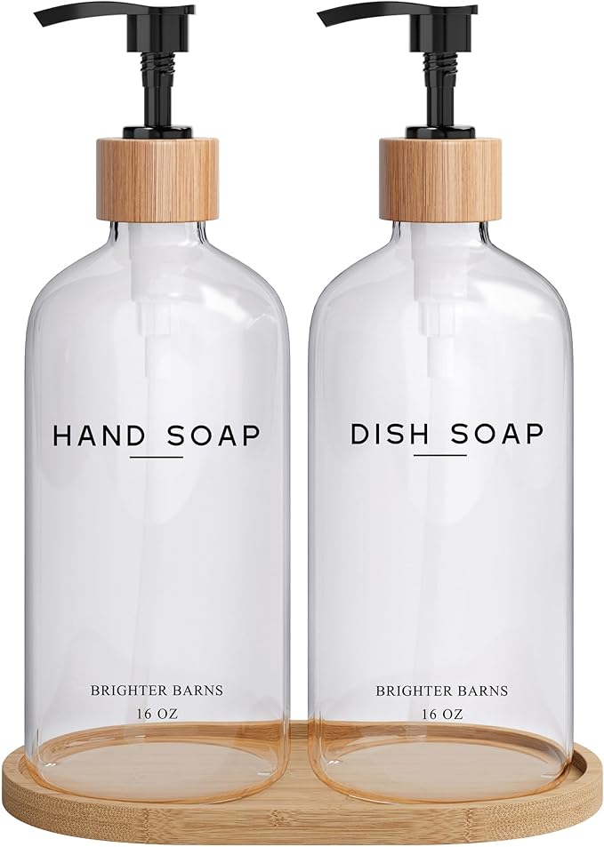 Clear Glass Hand and Dish Soap Dispenser Set by Brighter Barns - Kitchen Soap Dispenser Set with Bamboo Tray - Modern Kitchen Decor, Minimalist Decor (Clear) by BrighterBarns