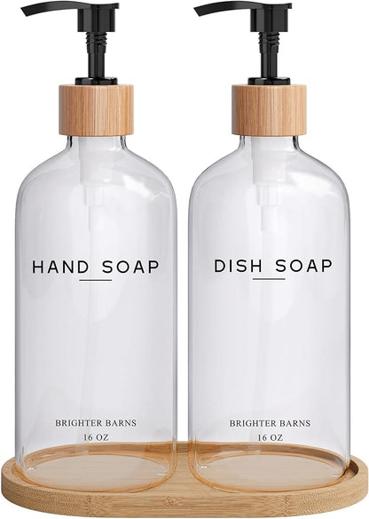 Clear Glass Hand and Dish Soap Dispenser Set by Brighter Barns - Kitchen Soap Dispenser Set with Bamboo Tray - Modern Kitchen Decor, Minimalist Decor (Clear) by BrighterBarns