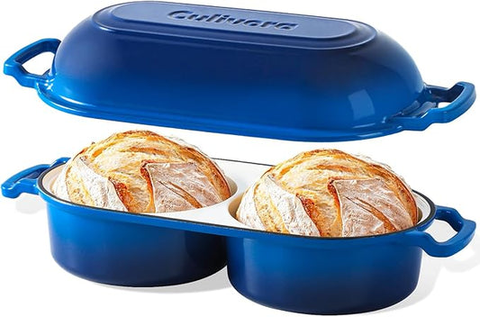 Cast Iron Bread Pan with Lid, Mini Enamel Sourdough Baking Dutch Oven Pot, Double Round Loaf Space for Homemade, Bread, Cake, Meatloaf, 16.5cm Diameter, 500°F Oven Safe, Non Stick, Blue