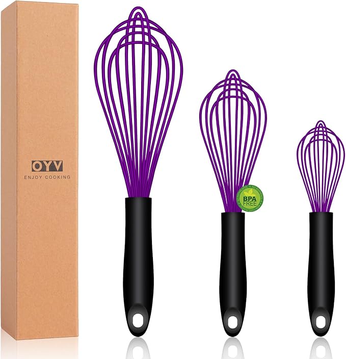 OYV Dishwasher Safe Purple Silicone Whisk, Sealed Waterproof Design Set of 3, Professional Kitchen Whisks for Cooking Non-Scratch, Silicone & Stainless Steel Whisk, Heat Resistant Balloon Egg Beater by OYV