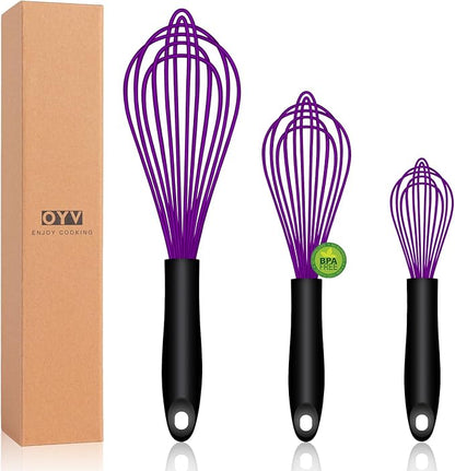 OYV Dishwasher Safe Purple Silicone Whisk, Sealed Waterproof Design Set of 3, Professional Kitchen Whisks for Cooking Non-Scratch, Silicone & Stainless Steel Whisk, Heat Resistant Balloon Egg Beater by OYV