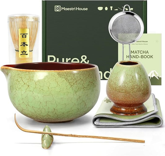 Maestri House Matcha Whisk Set, 7-Pc Complete Matcha Kit with Spouted Ceramic Bowl, Bamboo Whisk and Holder, Scoop, Spoon Rest & Sifter, Tea Cloth – Ideal Gift for Matcha Lovers (Verdant Abyss) by MaestriHouse