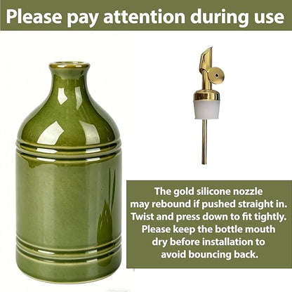 Ceramic Olive Oil Dispenser Bottle for Kitchen with Gold Gravity Spout, Large Capacity 23.6oz/700ml Oil Container, Suitable for Storage Olive Oil, Vinegar, Soy Sauce, Lemon Juice(Green)