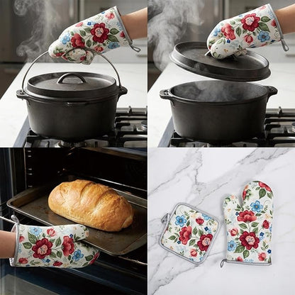 Floral Oven Mitts and Pot Holders Sets 2 Pcs, Canvas Heat Resistant Kitchen Mittens with Hot Pads, Vintage Farmhouse Country Decor, Non-Slip Cooking Baking Grilling Gifts for Women Mom (Flower3)