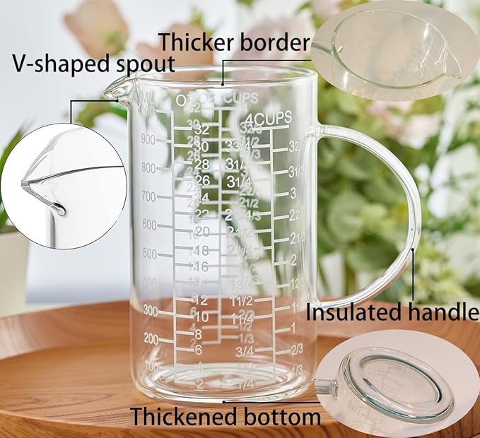 Ackers Mirror Etching Scale Glass Measuring Cup-[Insulated handle | V-Shaped Spout]-Made of High Borosilicate Glass Measuring Cup for Kitchen or Restaurant, Easy to Read, 1000 ML (32 Oz, 4 Cup) - Image 2