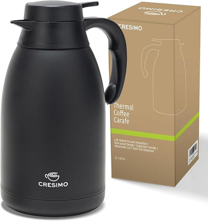 Thermal Coffee Carafe 68 oz by Cresimo – Updated 2025 Model – Insulated Black Stainless Steel Coffee Urn & Drink Dispenser, Keeps Drinks Hot 12h / Cold 36h – Durable & Easy to Pour by Cresimo