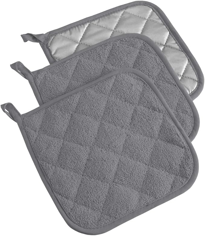 DII Basic Terry Collection Quilted 100% Cotton, Potholder, Gray, 3 Piece by DII