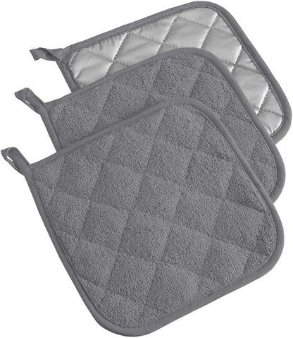 DII Basic Terry Collection Quilted 100% Cotton, Potholder, Gray, 3 Piece by DII