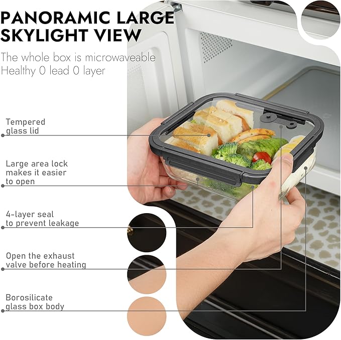 10-Pack Glass Food Storage Containers with Tempered Lids – Borosilicate, Airtight, Oven-Safe (-4°F~950°F), BPA-Free, 4.4 & 1.6 Cup, Leak-Proof, Dishwasher Safe (Gray) - Image 5