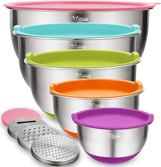 Wildone Mixing Bowls with Airtight Lids Set, 5PCS Stainless Steel Nesting Bowls for Kitchen, with Grater Attachments & Non-Slip Bottoms, Size 5, 3, 2, 1.5, 0.63 QT, for Baking & Serving (Colorful) by Wildone