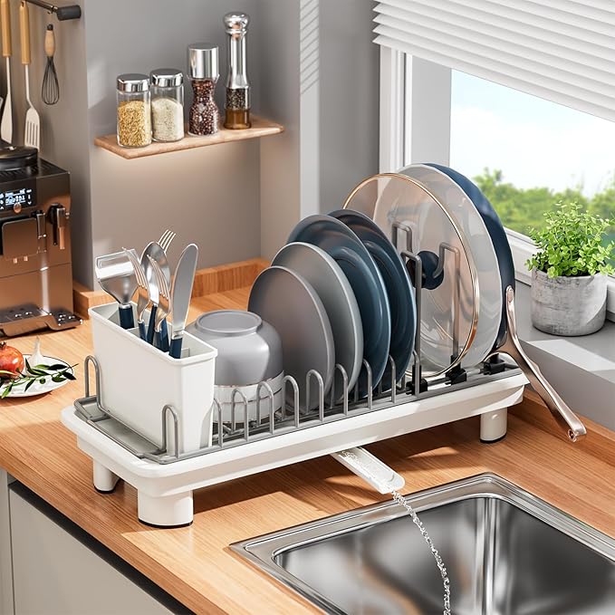 SanDream Small Dish Drying Rack with Removable Utensil Holder & Anti-Scratch Base - Stainless Steel Dish Rack, Dish Drying Rack with Drainage & Space Saving Design for Kitchen Counter, White by SanDream