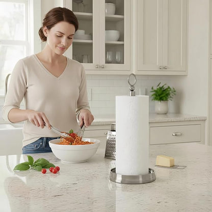 KASUNTO Paper Towel Holder With Heavy Weighted Base - Steel Countertop Stand for Kitchen, Bars & Dining Tables - Fits Standard & Jumbo Rolls - Brushed Nickel