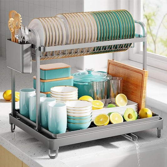 Sakugi 2-Tier Dish Drying Rack - Stainless Steel Dish Rack with Cutlery & Utensil Holders for Kitchen Counter, Sink Organization and Storage for Small Family, 16.7" W x 12.7" L x 15.8" H, Gray by Sakugi