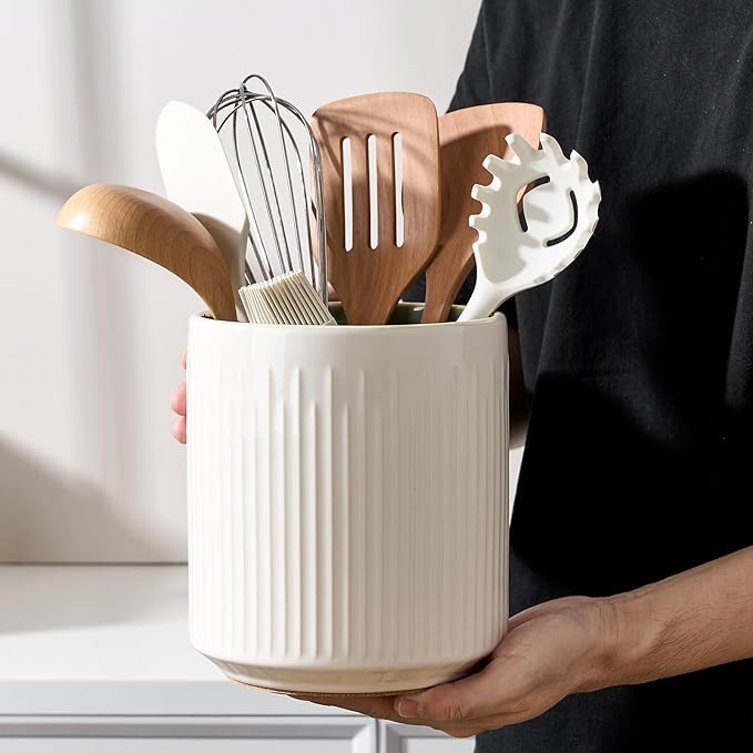 JIEMEI HOME Kitchen Utensil Holder, 7.2" Large Ceramic Stable Utensil Crock for Countertop, Utensil Organizer with Cork Mat, Removable Bamboo Divider for Easy, Kitchen Decor, White & Green - Image 7
