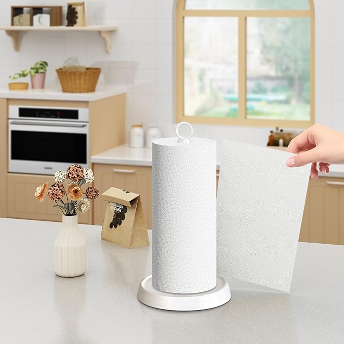 White Paper Towel Holder Countertop, White Kitchen Accessories Decor, Stainless Steel, Paper Towel Holder Stand for Bathroom Farmhouse Essentials, Weighted Base, Anti-Slip - Image 6