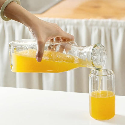 Glass Carafe with Bamboo Lid, Square 35 Oz Beverage Dispensers Carafe, Mimosa Bar Supplies, Clear Glass Pitcher with Name Labels for Iced Tea, Coffee, Juice(Set of 4)