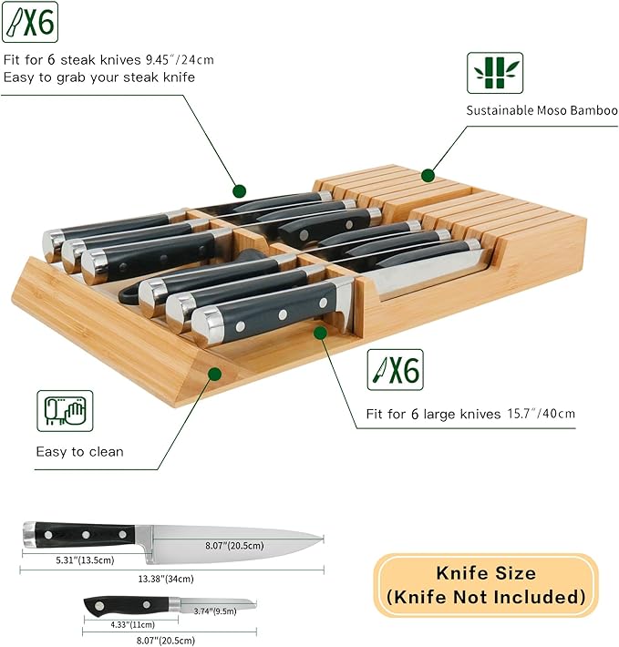 Utoplike in-Drawer Knife Block Bamboo Kitchen Knife Drawer Organizer, Handle Steak Knife Holder Without Knife, Fit for 12 Knives and 1 Sharpening Steel (Knives Not Included) - Image 3