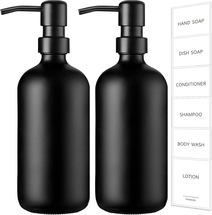 GMISUN Black Soap Dispenser, 2 Pack Matte Black Hand Soap Dispensers for Bathroom, 17 Fl Oz Glass Dish Soap Dispensers for Kitchen with Stainless Steel Pump, Modern Liquid Soap Bottle by GMISUN