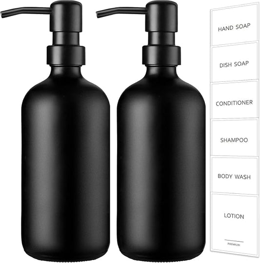 GMISUN Black Soap Dispenser, 2 Pack Matte Black Hand Soap Dispensers for Bathroom, 17 Fl Oz Glass Dish Soap Dispensers for Kitchen with Stainless Steel Pump, Modern Liquid Soap Bottle by GMISUN
