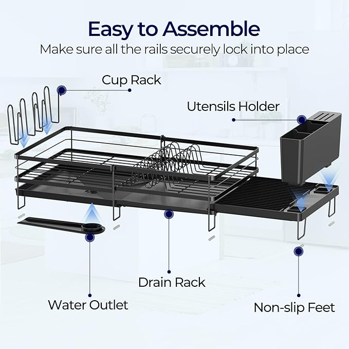Large Dish Drying Rack, Expandable Dish Rack for Kitchen Counter, Dishrack with Drainboard Set, Multifunctional Dish Drainer with Utensil Holder & Cup Holder, Black