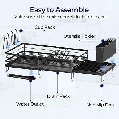 Large Dish Drying Rack, Expandable Dish Rack for Kitchen Counter, Dishrack with Drainboard Set, Multifunctional Dish Drainer with Utensil Holder & Cup Holder, Black