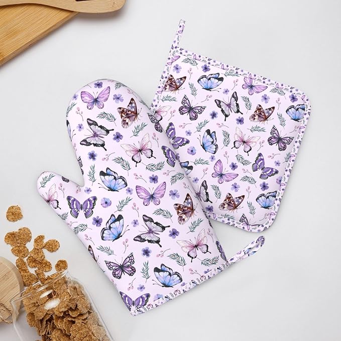 Butterflies Oven Mitts and Pot Holders Set, Cute Kitchen Accessories Heat Resistant to 500°F, Non-Slip Silicone Grips for Baking, Cooking, Grilling, BBQ - Gift Idea