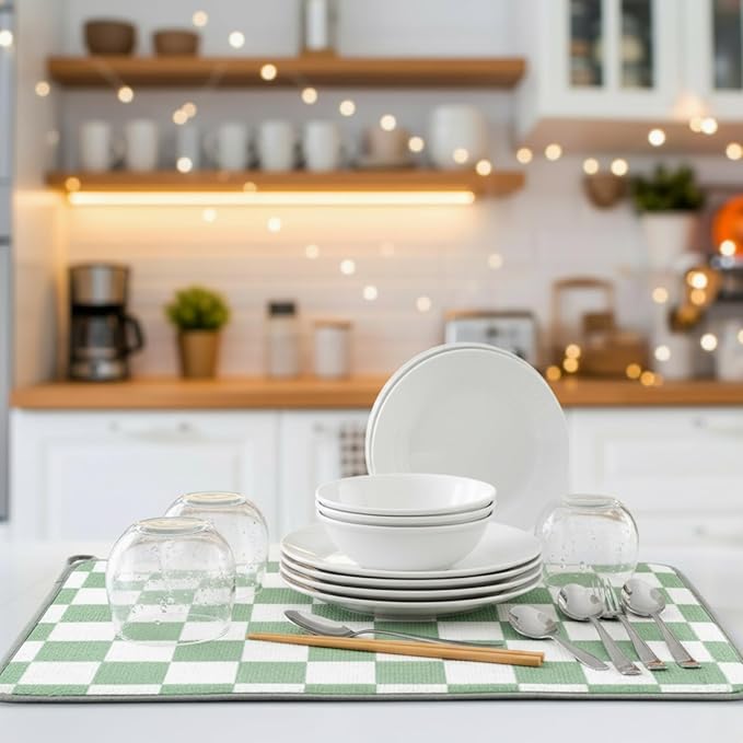 Zonon Green Checkered Dish Drying Mat for Kitchen Counter 16" x 24" Microfiber Absorbent Dish Drainer Rack Pads Fast Dry Mat Vintage Kitchen Decorations - Image 2