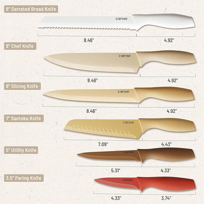 CAROTE Knife Set, 12 Pieces Kitchen Knife Set, 6 Stainless Steel Knives with Blade Guards & Nonstick Ceramic Coating, Rustproof, Color-Coded, Ergonomic Handles - Image 3