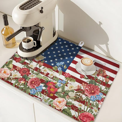 4th of July Dish Drying Mat 24x18 Inch, Patriotic Drying Mat with Absorbent Reversible Microfiber, Independence Day Dish Drainer Mats Memorial Day Rack Pad for Coffee Countertop Kitchen Protector