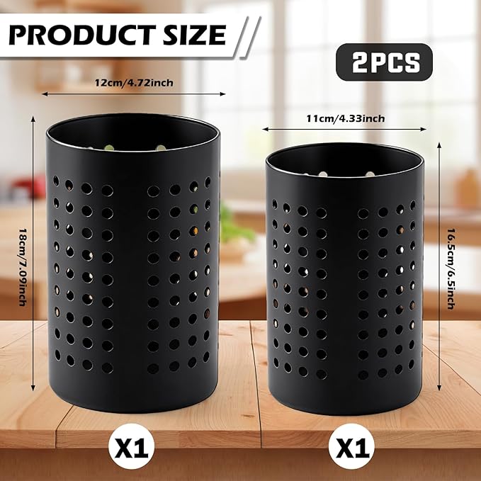 2PCS Black Stainless Steel Utensil Holder and Utensil Drying Holder, as a Kitchen Countertop Organizer and Silverware Drainer for Daily Home Use - Image 2
