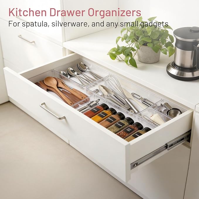 12 Pack Large Drawer Organizer Bins - Clear Plastic Bathroom Drawer Organizer Trays - Heavy Duty Kitchen Drawer Dividers for Utensils - Non-Slip Storage Bins for Makeup, Bedroom, Office Desk - Image 5