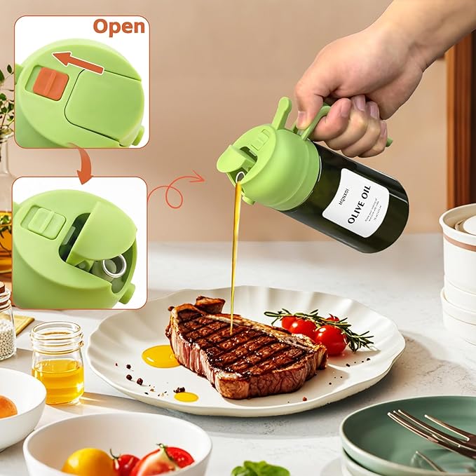 mqnxoi 2 in 1 Glass Oil Sprayer & Dispenser,16oz/470ml Olive Cooking, Air Fryer, and Salad, for Kitchen Gadgets and Air Fryer Accessories, w/Stickers (Black + Dark Green Bottle 2) - Image 5