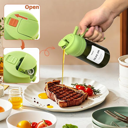 mqnxoi Oil Sprayer for Cooking, 2 in 1 Olive Oil Dispenser Bottle for Kitchen, 16oz/470ml Premium Glass, Food-grade Oil Mister for Air Fryer, Salad, Frying, BBQ (Black + Dark Green Bottle) - Image 5