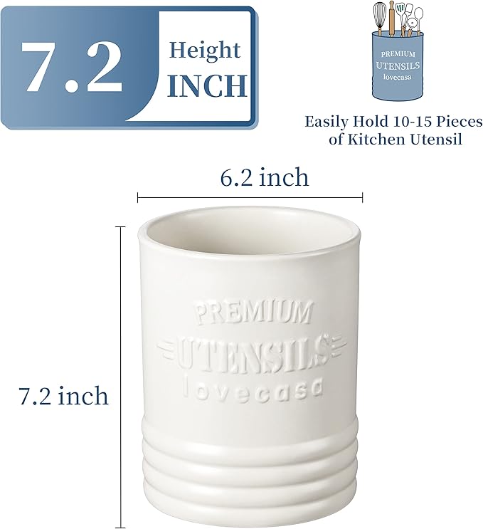 LOVECASA Vintage Utensil Holder for Kitchen Countertop, 7.2” Large Ceramic Utensil Crock for Home Décor, Farmhouse Utensil Vase for Housewarming, Wedding, Birthday Gift - Cream White - Image 3