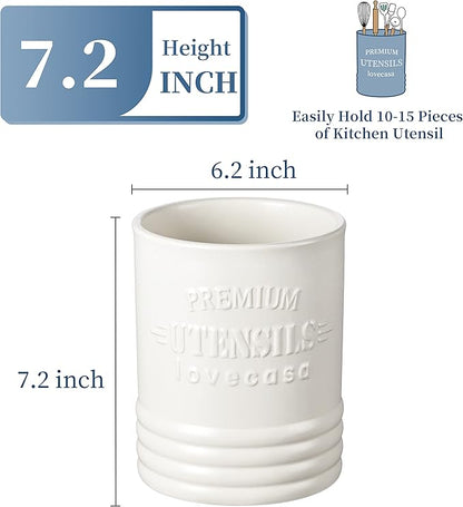 LOVECASA Vintage Utensil Holder for Kitchen Countertop, 7.2” Large Ceramic Utensil Crock for Home Décor, Farmhouse Utensil Vase for Housewarming, Wedding, Birthday Gift - Cream White - Image 3