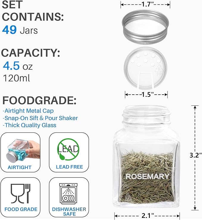 MIUKAA 49-Pack Cube Glass Spice Jars with 372 Labels, 49 Shakers, Lids, 4.5 oz Empty Square Spice Bottle, Reusable Clear Kitchen Spice Storage Containers - Image 3