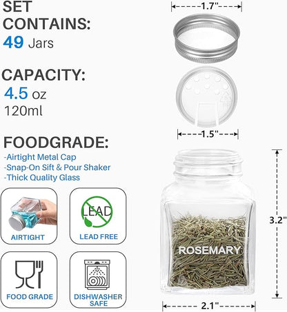 MIUKAA 49-Pack Cube Glass Spice Jars with 372 Labels, 49 Shakers, Lids, 4.5 oz Empty Square Spice Bottle, Reusable Clear Kitchen Spice Storage Containers - Image 3