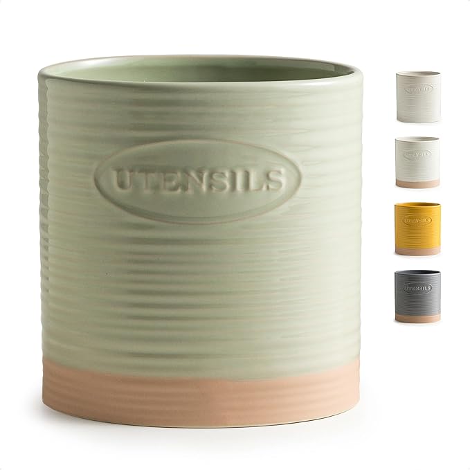 YHOSSEUN Kitchen Utensil Holder, Ceramic Utensil Holder for Kitchen Counter 6.7" Large Cooking Utensil Crock Farmhouse Utensil Organizer Storage, Oval Opening, Green by YHOSSEUN