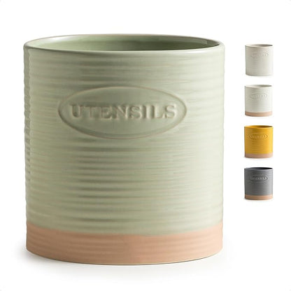 YHOSSEUN Kitchen Utensil Holder, Ceramic Utensil Holder for Kitchen Counter 6.7" Large Cooking Utensil Crock Farmhouse Utensil Organizer Storage, Oval Opening, Green by YHOSSEUN