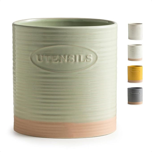 YHOSSEUN Kitchen Utensil Holder, Ceramic Utensil Holder for Kitchen Counter 6.7" Large Cooking Utensil Crock Farmhouse Utensil Organizer Storage, Oval Opening, Green by YHOSSEUN