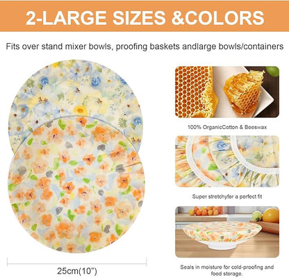Reusable Bowl Covers for Bread Proofing（2 Large）- Cotton Beeswax Bowl Covers Reusable with Elastic Rim, Sourdough Bowl Cover for Food Storage and Food Preservation (10INCH)