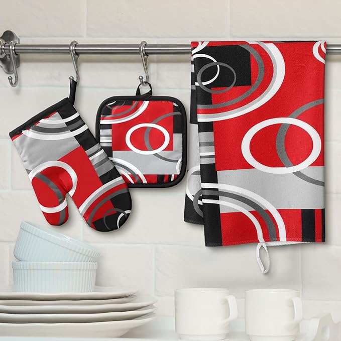 Jingmore 6 Pcs Kitchen Decor Set Accessorie Farmhouse Kitchen Towels Pot Holders Oven Mitts Set 2 Dish Towels 2 Pot Holders 2 Cooking Mittens Oven Glove for Cooking(Red and Black,Geometric) - Image 3