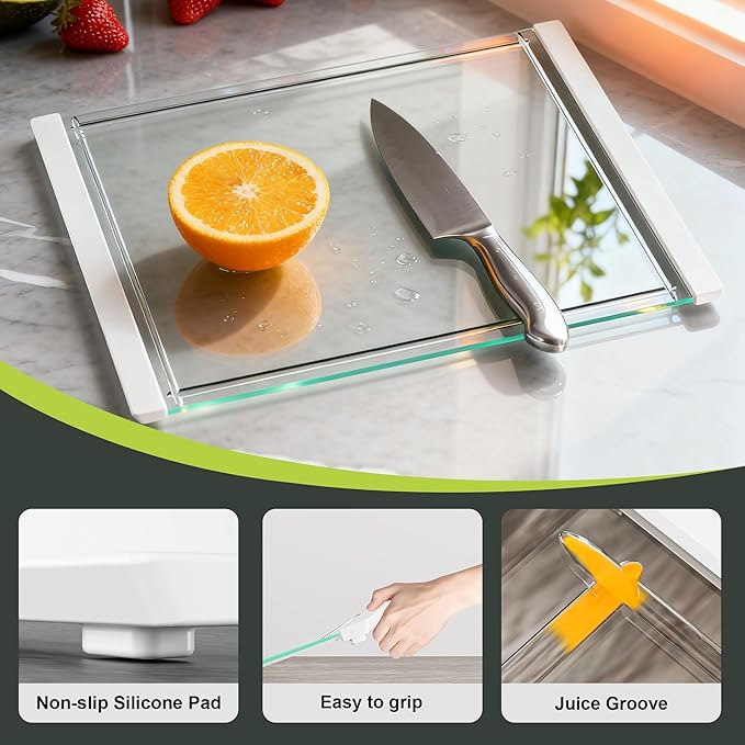 Tempered Glass Cutting Board Set for Kitchen Counter - Dishwasher Safe with Juice Grooves, Non-Slip Silicone Edges & Beveled Grip - 16"x12" & 12"x8" Serving Tray (White-2PCS)